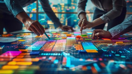 Wall Mural - Double exposure of a business team brainstorming with sticky notes, with an overlay of financial graphs and futuristic cityscapes, showcasing innovation and financial strategy