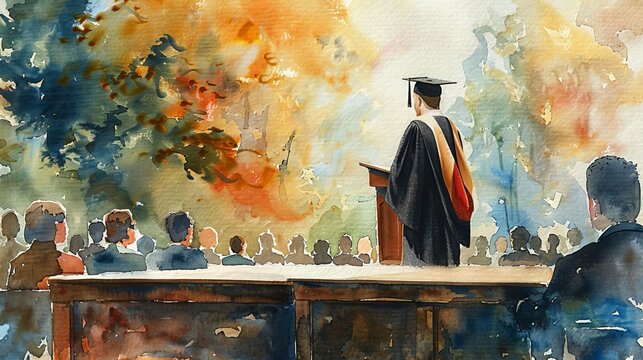 A watercolor painting of a graduation ceremony