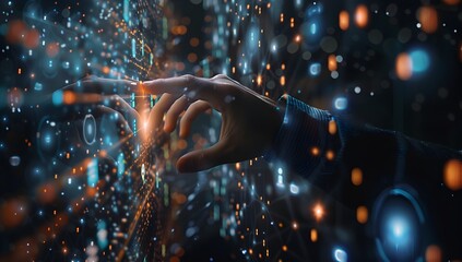 A person is touching the screen of an interactive digital interface, surrounded by glowing data points and code
