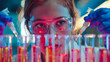 © OMGAi - Female Scientist Working with Test Tubes in a Laboratory. female scientist wearing safety glasses and gloves, conducting an experiment with test tubes in a laboratory setting, under colorful lighting.