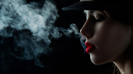 beautiful young elegant woman in black broad hat and with red sensual lips in smoke and mist, female smoking