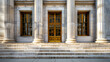 © OMGAi - Federal Reserve Bank Exterior with Columns. Exterior of Federal Reserve Bank featuring grand columns and a classic architectural design. Entrance is framed by large windows and symmetrical stone steps