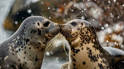 Wall Mural - AI generated illustration of two seals affectionately kiss underwater at the zoo