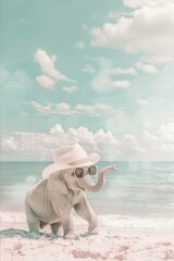 Wall Mural - A whimsical image of an elephant wearing sunglasses and a sunhat, embodying summer, beautiful sceneries, and vacation vibes