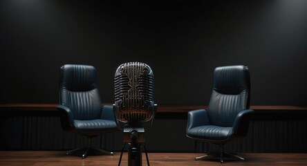 Two chairs and microphones in podcast or interview room isolated on dark background Generative Ai