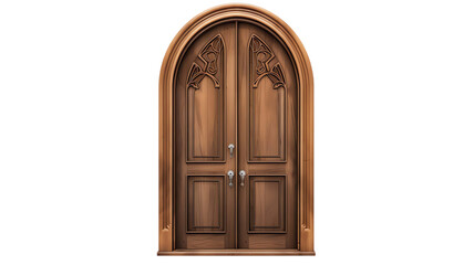 Elegant wooden arched door with intricate carvings, featuring a double panel design and metallic handles, perfect for entryways.