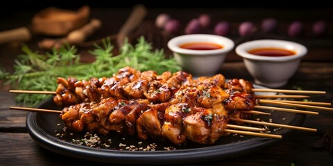 Wall Mural - Grilled chicken skewers with salt or sweet soy sauce seasoning. Concept Grilled Chicken Skewers, Salt Seasoning, Sweet Soy Sauce Seasoning