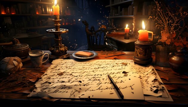 Magic book, candles and books on wooden table. Dark background.