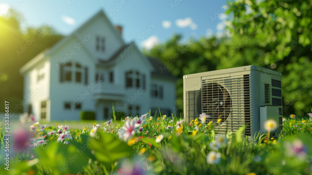 Photograph of an air conditioner outdoor unit and house model on green ...