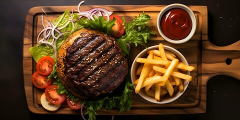 Wall Mural - Topdown view of a hamburger and fries on a wooden plate. Concept Food Photography, Table Setting, Fast Food, Top-Down Shot