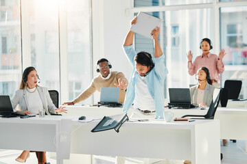 Poster - Anger, business and smash laptop with man, stress and frustrated with anxiety, crisis and damage. Person, employees and professional with a pc, mental health and breakdown with emotion and problem
