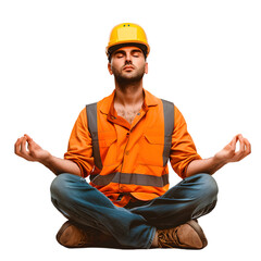 A construction worker in a hard hat meditating in a lotus position, isolated on a transparent background