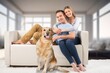 © BillionPhotos.com - happy couple sitting together on sofa with a dog