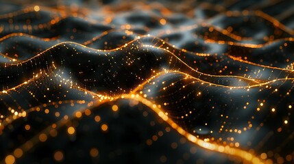 Wall Mural - Abstract digital landscape with glowing golden nodes and connections, representing data flow, technology, and futuristic networks. 3D Illustration.