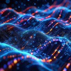 Wall Mural - Abstract digital landscape with wave patterns and colorful dots. Futuristic design representing data flow and technology. 3D Illustration.