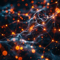 Wall Mural - Abstract digital network with glowing orange nodes and interconnected lines on a dark background, representing data and technology. 3D Illustration.
