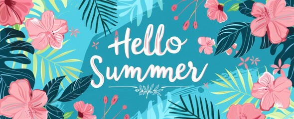 Wall Mural - Hello summer banner with pink flowers and leaves on a turquoise background 