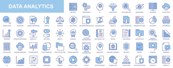 Aufkleber - Data analytics web icons set in duotone outline stroke design. Pack pictograms with processing, ai, analysis, monitoring, database, cloud tech, marketing, traffic, result, server. Vector illustration.