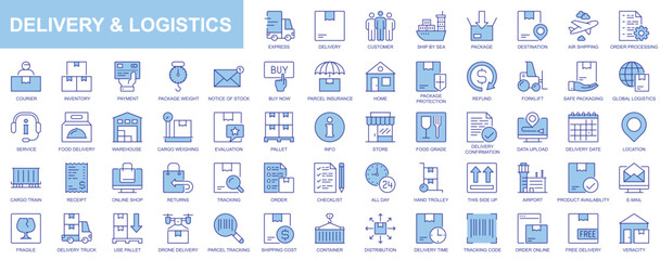 Poster - Delivery and logistics web icons set in duotone outline stroke design. Pack pictograms with package, destination, air shipping, order, processing, courier, payment, parcel, cargo. Vector illustration.