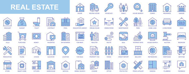 Wall Mural - Real estate web icons set in duotone outline stroke design. Pack pictograms with house, moving, key, condo, insurance, garage, budget, pool, agent, rooms, maintenance, loan, rent. Vector illustration.