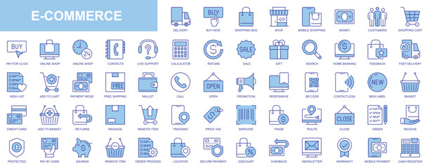 Wall Mural - E-commerce web icons set in duotone outline stroke design. Pack pictograms with shopping, delivery, customers, online support, refund, sale, gift, banking, wish list, payment. Vector illustration.