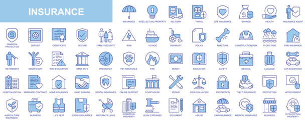 Leinwandbilder - Insurance web icons set in duotone outline stroke design. Pack pictograms with secure for intellectual property, delivery, life, travel, savings, health, financial, pet, family. Vector illustration.