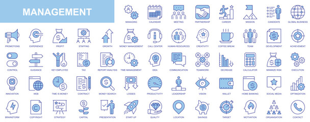 Poster - Management web icons set in duotone outline stroke design. Pack pictograms with calendar, meeting, partnership, career, candidate, global business, promotion, profit, experience. Vector illustration.