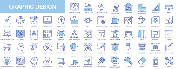 Poster - Graphic design web icons set in duotone outline stroke design. Pack pictograms with color palette, content, freelance, print, painting, brainstorm, portfolio, creative idea, tool. Vector illustration.