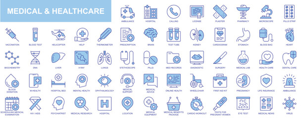 Wall Mural - Medical and healthcare web icons set in duotone outline stroke design. Pack pictograms with ambulance, hospital, pharmacy, microscope, vaccination, help, prescription, diagnostic. Vector illustration.
