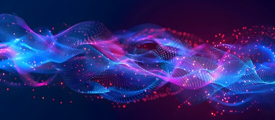 Vector illustration of digital data streams, in blue and purple colors, against a dark background, depicting a futuristic technology concept with lines, dots and waves
