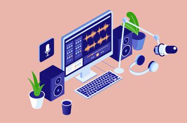 Podcast and audio content production on computer - Desktop screen with software showing professional home production, editing and content creation work with speakers, microphone and headset. Vector