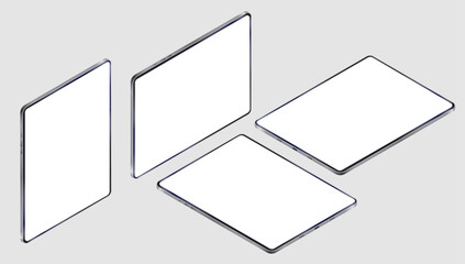 Poster - Isometric tablets mockup - Collection of devices in various angles with white empty screen. Perspective view vector illustration on grey background