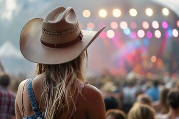 Back view of a young american woman fan of country music attending a country music concert wearing a cowboy hat