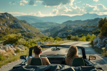 Back wide view of happy caucasian couple on a roadtrip in Europe driving modern cabriolet car in picturesque place