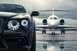 © Ivan - View of black luxury limousine car with private white jet in the background at the airport, private luxury escort