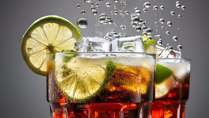 Wall Mural - Glasses of refreshing soda drinks with ice cubes and lime on gray background closeup