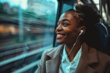 A photo of a business woman smiling and wearing airpods, sitting in the train and looking out the windo