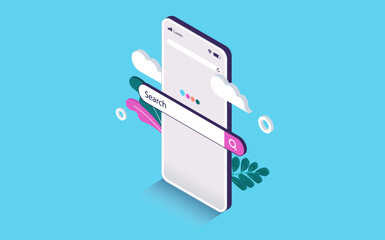 Poster - Searching on internet with mobile phone -  Smartphone screen with search bar field popping out. Online search engine concept in isometric vector illustration with clouds and light blue background