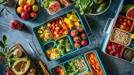 colorful food containers filled with fresh fruits, vegetables and snacks for easy travel eating. Wellness eating, organic fruits, kids lunch box, healthy options, back to school lunch