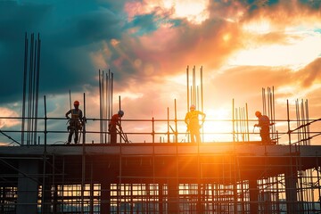 Poster - a group of construction workers working on a building, a group of construction workers working on a building, Construction workers building a skyscraper