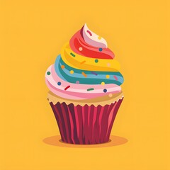 Wall Mural - Adorable cupcake icon with vibrant rainbow frosting and sprinkles, simple shapes and bright colors, plain background for emphasis