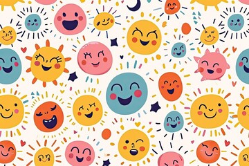 Poster - a pattern of smiling faces on a white background, a pattern of smiling faces, Cute and cheerful vector backdrop with smiling faces and positive vibes