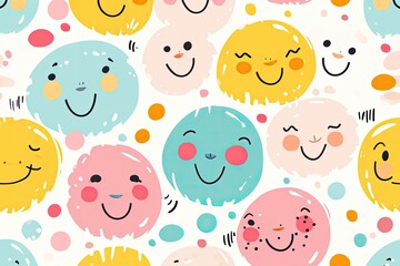 Poster - a pattern of smiling faces on a white background, a pattern of smiling faces, Cute and cheerful vector backdrop with smiling faces and positive vibes