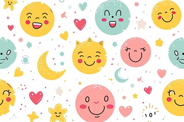 Poster - a pattern of smiling faces on a white background, a pattern of smiling faces, Cute and cheerful vector backdrop with smiling faces and positive vibes