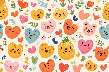 Poster - a pattern of cats and hearts, a pattern of cats and hearts, Cute background illustration with smiling faces, hearts, and delightful motifs