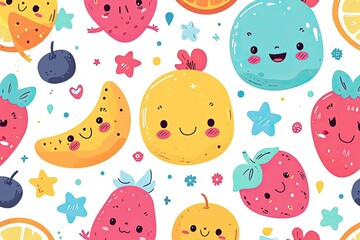 Poster - Cheerful cartoon fruits, a pattern of fruit and vegetables with faces, Cute kawaii-style vector pattern with adorable elements and vibrant colors