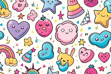 Poster - Cheerful cartoon fruits, a pattern of fruit and vegetables with faces, Cute kawaii-style vector pattern with adorable elements and vibrant colors