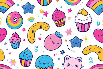 Poster - Cheerful cartoon fruits, a pattern of fruit and vegetables with faces, Cute kawaii-style vector pattern with adorable elements and vibrant colors
