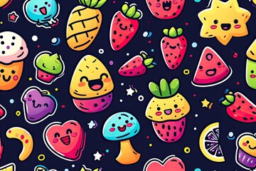Poster - Cheerful cartoon fruits, a pattern of fruit and vegetables with faces, Cute kawaii-style vector pattern with adorable elements and vibrant colors