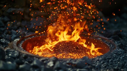 Wall Mural - A fire is burning in a pit with a lot of ash and rocks